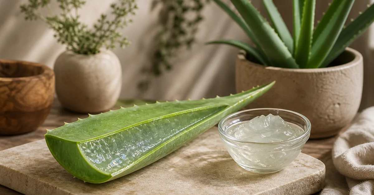 Aufgeschnittenes Aloe-vera-Blatt auf einem Holzbrett, aus dem klares Gel quillt, daneben eine Topfpflanze am sonnigen Fenster