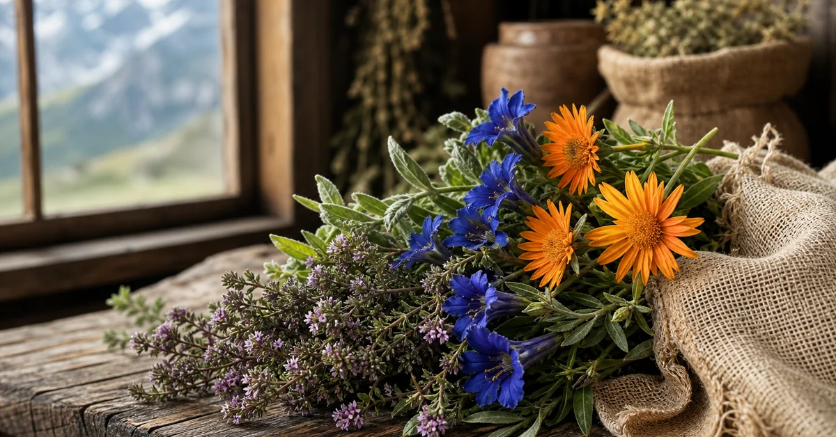 Blühendes Edelweiss und gelbe Arnikablüten auf einer sonnigen Alpwiese vor felsiger Bergkulisse