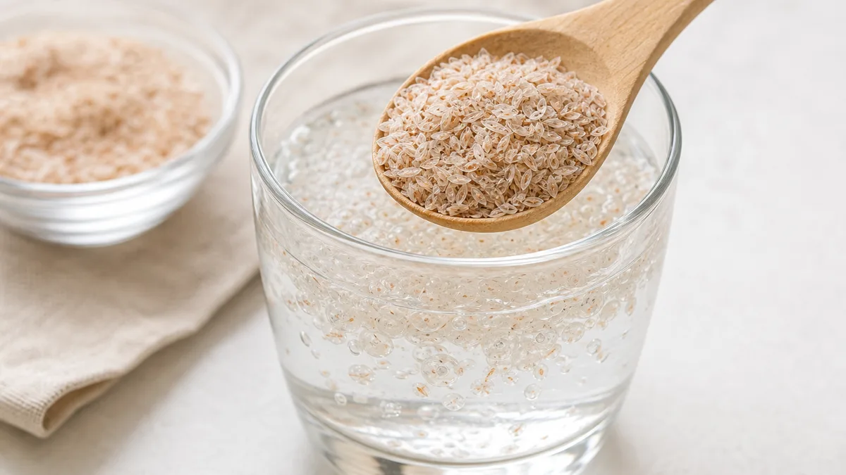 Ein Holzlöffel mit hellbraunen Flohsamenschalen neben einem Glas Wasser auf einer hellen Küchenablage