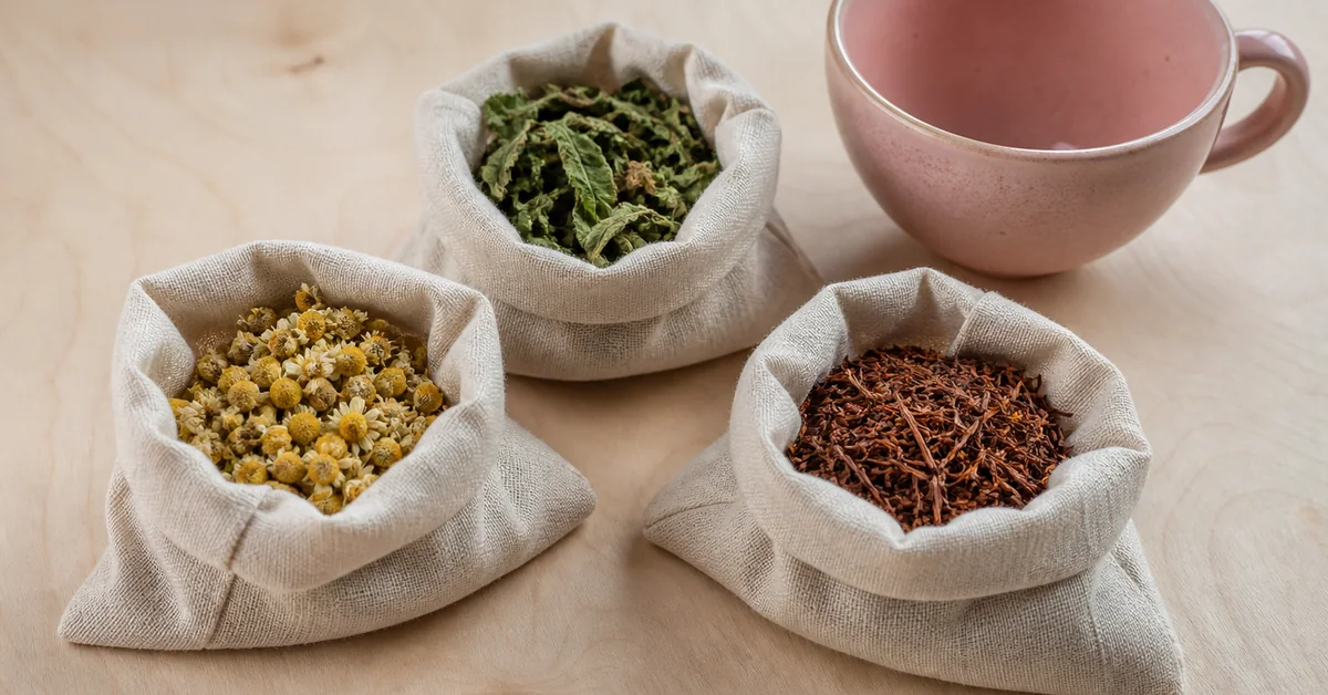 Dampfende Tasse Kräutertee neben frischen Fenchelsamen, Ingwerscheiben und Himbeerblättern auf einem hellen Holztisch, im weichen Hintergrund ein gerundeter Schwangerschaftsbauch