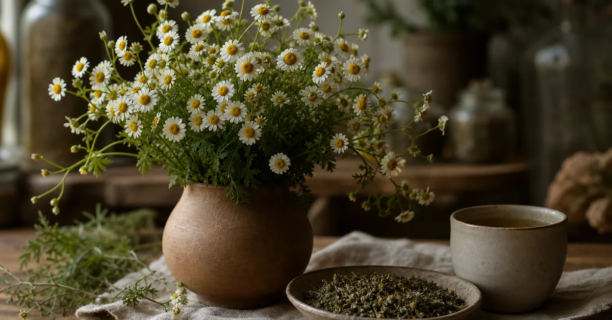 Blühendes Mutterkraut mit weissen, gänseblümchenähnlichen Blüten und gefiedertem grünem Laub auf einem Holztisch, daneben eine dampfende Tasse Kräutertee.