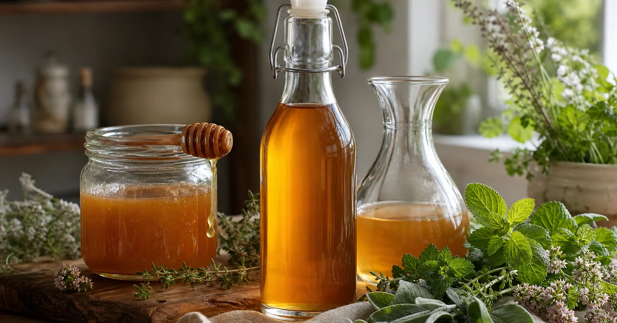 Dunkle Glasflasche mit goldenem Oxymel neben frischem Thymian, einer angeschnittenen Zitrone, einer Honigwabe und einer Karaffe naturtrübem Apfelessig auf einem Holztisch.